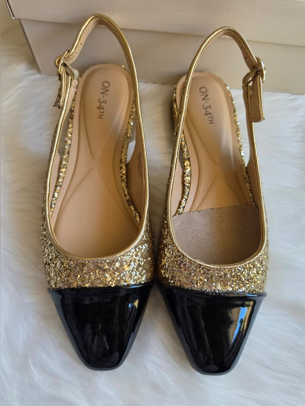On 34th Women's Avril Capped-Toe Slingback Flats, Gold Glitter, Black Patent, 7M